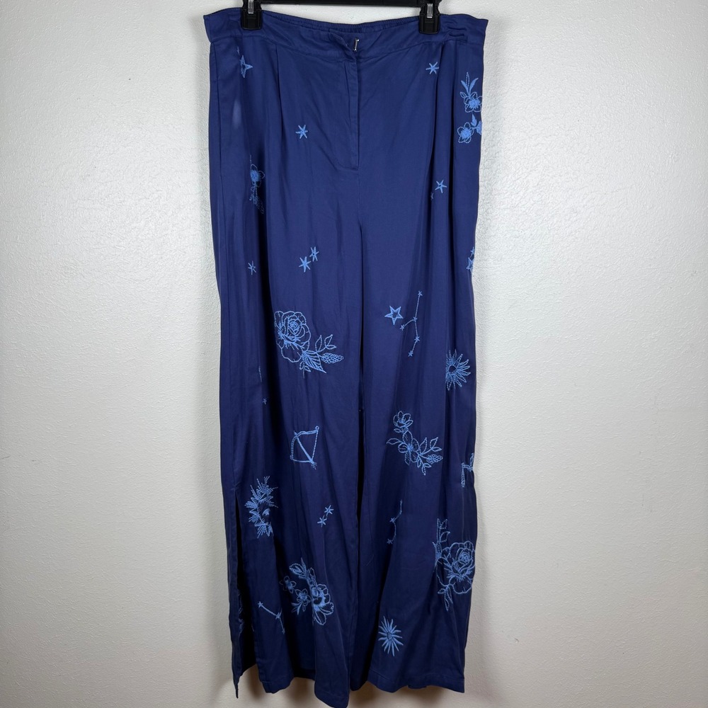 Johnny Was Workshop Navy‎ Blue Embroidered Celestial Wide Leg Pants L